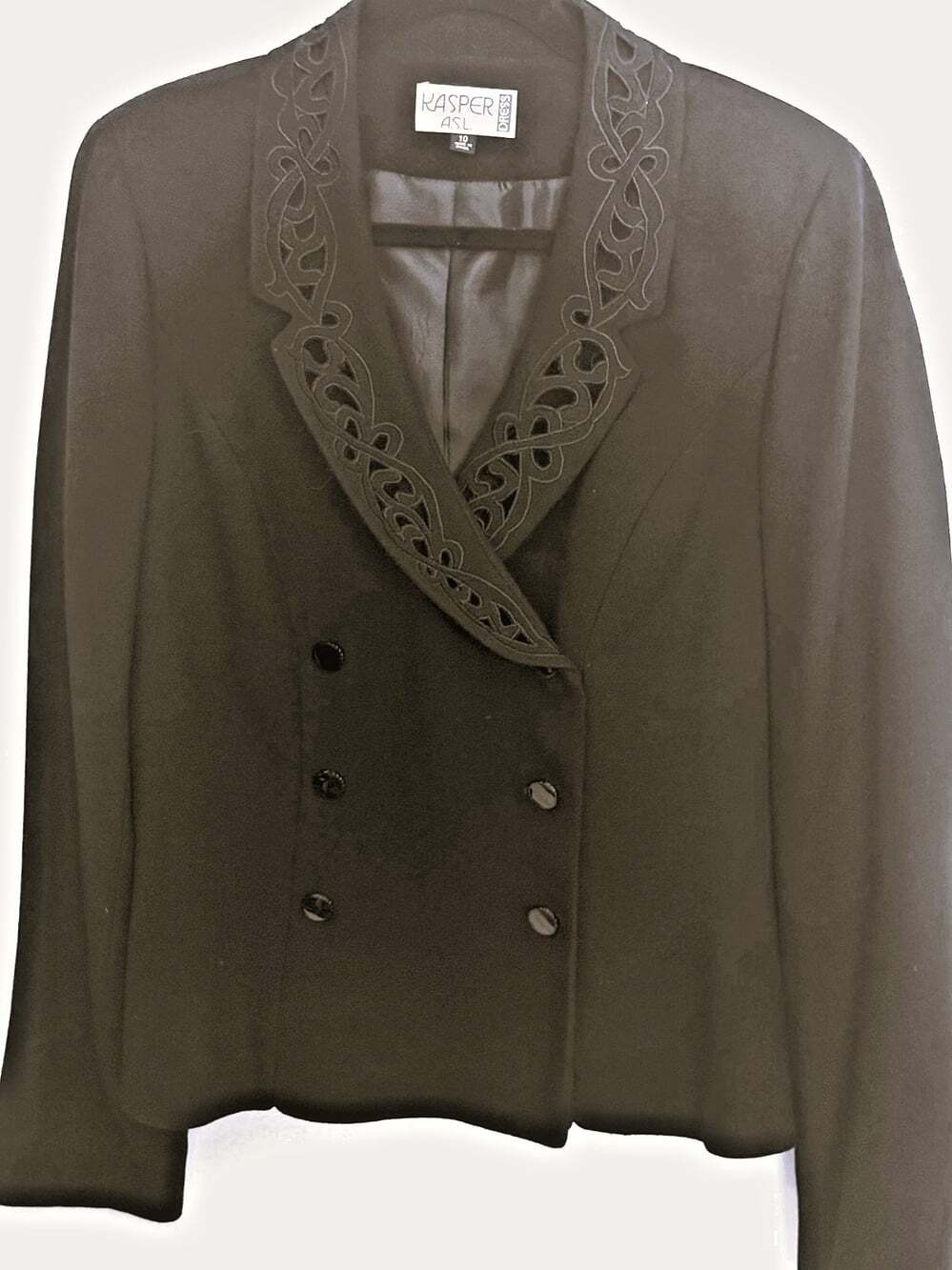 Kaspar ASL VINT Black double breasted blazer, cutout & embroider lapel, Size 10